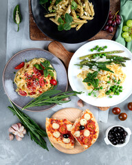 Prepared vegan pasta, pizza and snacks