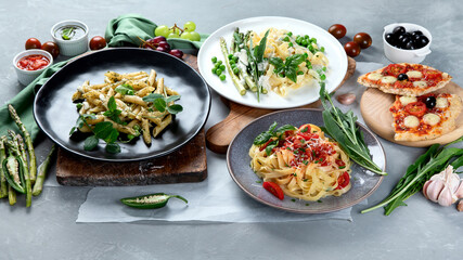 Prepared vegan pasta, pizza and snacks