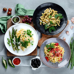 Prepared vegan pasta, pizza and snacks