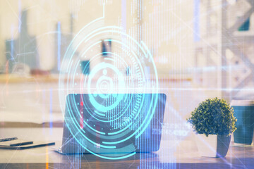 Obraz premium Double exposure of desktop with computer on background and tech theme drawing. Concept of big data.