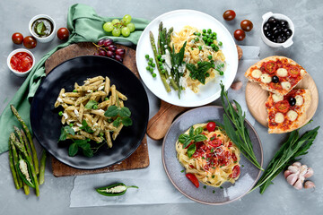 Prepared vegan pasta, pizza and snacks