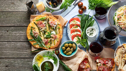 Italian cuisine on rustic wooden table