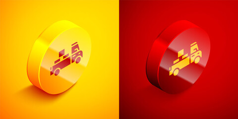 Isometric Delivery truck with cardboard boxes behind icon isolated on orange and red background. Circle button. Vector.