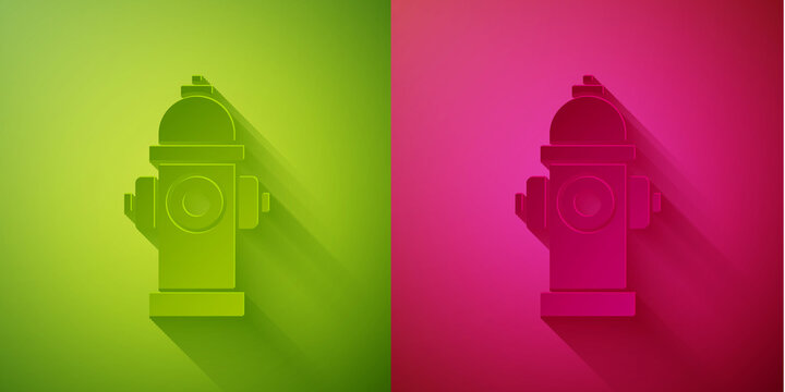 Paper cut Fire hydrant icon isolated on green and pink background. Paper art style. Vector.