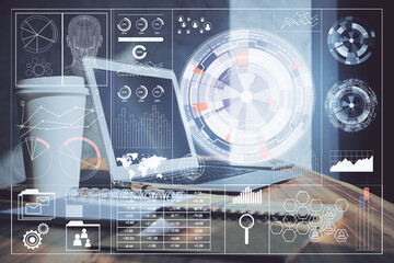 Double exposure of desktop computer and technology theme hologram. Concept of software development.
