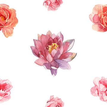 Watercolor flower pattern hand painted isolated on white background with set of flowers(pions and lotus)