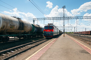 Fototapeta na wymiar Samara Chapaevsk, Russia-July. 26. 2020: railway platform, solid and liquid cargo trains, logistics concept