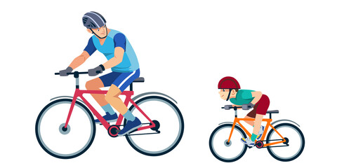 Fototapeta premium Father teaches son to ride a bike. Kid learns to ride bicycle. Sporty family. Outdoor activity. Son and dad in sportswear. Happy family. Cartoon flat isolated vector design