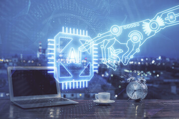 Multi exposure of computer on background and technology theme drawing. Concept of innovation.