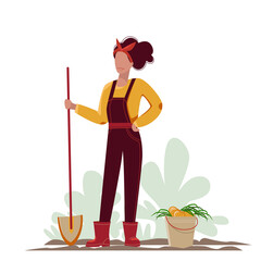 Cute cartoon woman in the overall harvested. A bucket of the onion.  The gardener with a spade. Vector illustration. 