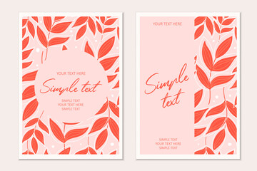 Modern botanical invitation card template with flowers and leaves.Cards with space for text.