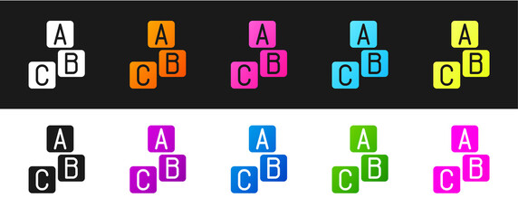 Set ABC blocks icon isolated on black and white background. Alphabet cubes with letters A,B,C. Vector.