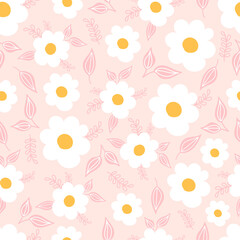 Fototapeta na wymiar Botanical seamless pattern with flowers on pastel pink background. Leaves and flowers wallpapers. Florals background.