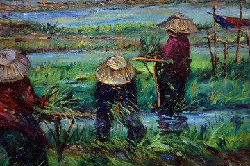 Art painting oil color Thai land Grow rice , Transplant rice seedlings   in the provinces Thailand