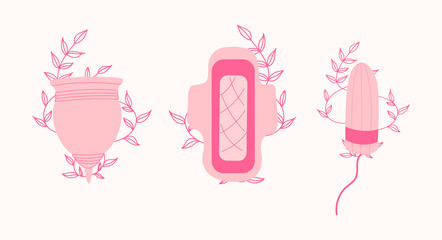 Woman menstruation higienic set. Menstrual cup, tampon.