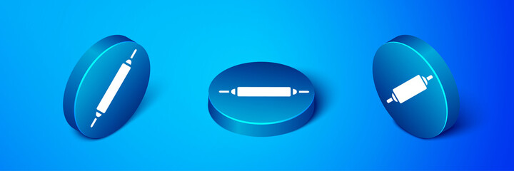 Isometric Rolling pin icon isolated on blue background. Blue circle button. Vector.