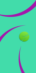 Abstract turquoise background with circle, smooth purple lines, template for a flyer, bright colors, shadows. Tennis ball