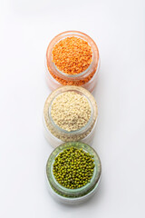 Indian Tricolour or Tiranga pulses for indian Republic and Independence day celebration in a glass container