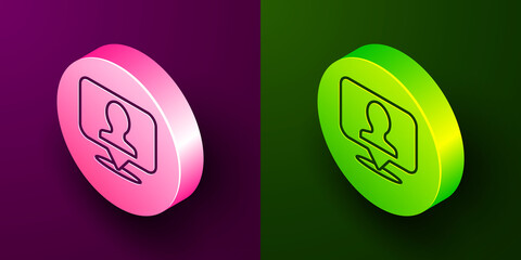 Isometric line Map marker with a silhouette of a person icon isolated on purple and green background. GPS location symbol. Circle button. Vector.