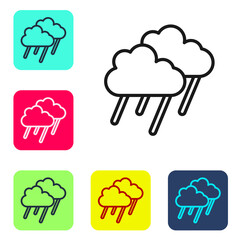 Black line Cloud with rain icon isolated on white background. Rain cloud precipitation with rain drops. Set icons in color square buttons. Vector.
