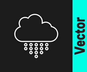 White line Cloud with rain icon isolated on black background. Rain cloud precipitation with rain drops. Vector.