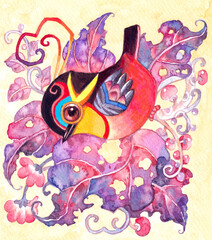  Lonly cute birds with hot summer' day.Beautiful hand made watercolor illustration for greeting card,background,nature illustration,nature illustration,advertising,banner,printing,textile,birds toon