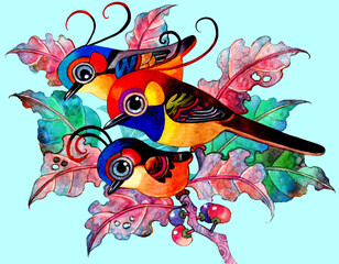 Obrazy na Szkle  Trzy wspaniałe rajskie ptaki z kwiatowym wzorem. Ręcznie wykonana ilustracja akwarela na kartkę z życzeniami, pocztówkę, tło, ozdobę, ilustracja przyrody, wzór, obrazy z kreskówek ptaków, plakat