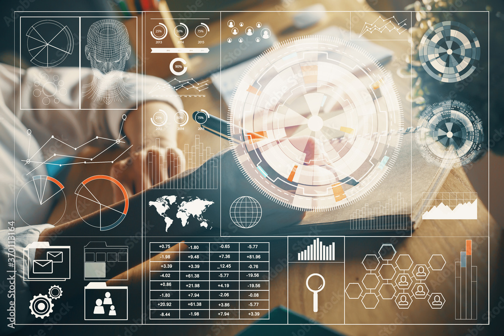Wall mural multi exposure of woman's hands on background with technology and digital coding icons. data develop