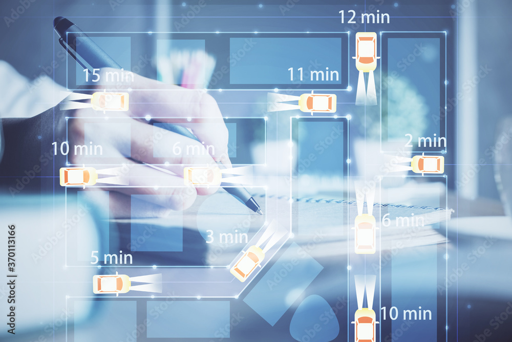 Poster tech autopilot theme hologram over woman's hands taking notes background. concept of hightech. doubl