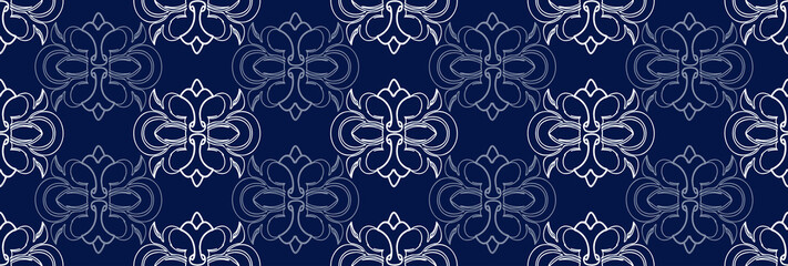 Fototapeta premium Vector elegan tile ornate seamless pattern. White ornament on luxury elegant blue background Retro hindu monochrome motif