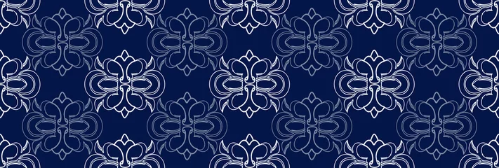 Gardinen Vector elegan tile ornate seamless pattern. White ornament on luxury elegant blue background Retro hindu monochrome motif © WI-tuss