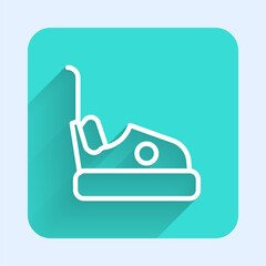 White line Bumper car icon isolated with long shadow. Amusement park. Childrens entertainment playground, recreation park. Green square button. Vector.