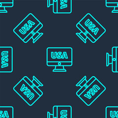 Green line USA United states of america on monitor icon isolated seamless pattern on blue background. Vector.