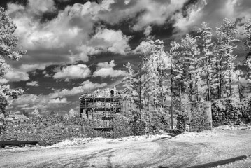 surreal landscape with trees and old castle ruins. Photographed with an infrared filter, infrared photography