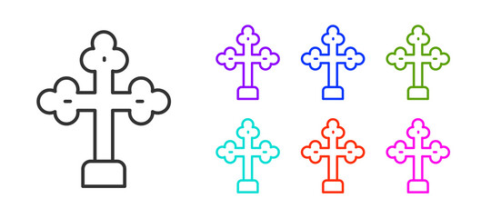 Black line Christian cross icon isolated on white background. Church cross. Set icons colorful. Vector.