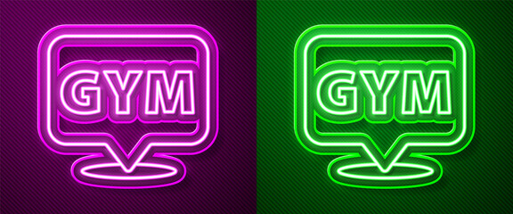 Glowing neon line Location gym icon isolated on purple and green background. Vector.