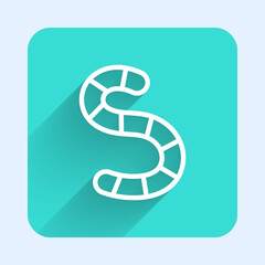 White line Worm icon isolated with long shadow. Fishing tackle. Green square button. Vector.