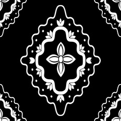 White ornament on black background Vector damask seamless retro pattern wallpaper geometry. Luxury ornate. Classic decor ornate.