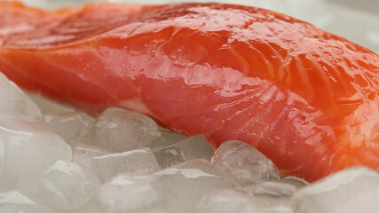 fresh salmon steak on ice cubes