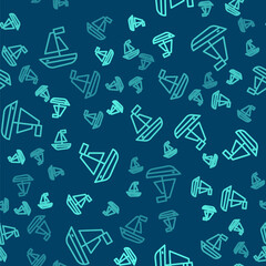 Green line Toy boat icon isolated seamless pattern on blue background. Vector.