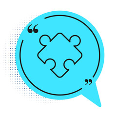 Obraz premium Black line Puzzle pieces toy icon isolated on white background. Blue speech bubble symbol. Vector.