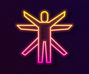 Glowing neon line Vitruvian Man by Leonardo Da Vinci icon isolated on black background. Human anatomy. Vector.