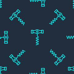 Green line Wine corkscrew icon isolated seamless pattern on blue background. Vector.
