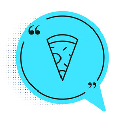 Black line Slice of pizza icon isolated on white background. Fast food menu. Blue speech bubble symbol. Vector.