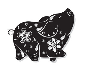black and white pig with flowers