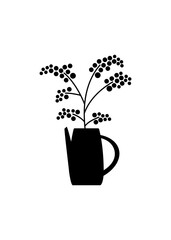A bunch of herbs and twigs with berries in a vase. Silhouettes of simple twigs, plants. Ceramic pitcher, vase.
