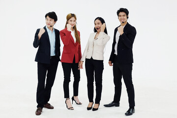 Powerful and Sucessful of Business group Call Center and technical Support staff for receptionist phone operator. Asian customer support team isolated on white background.