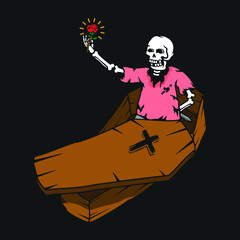 Skull in coffin old school style give a rose for love death vector illustration for t-shirt design, flyer, wallpaper, web design, etc.