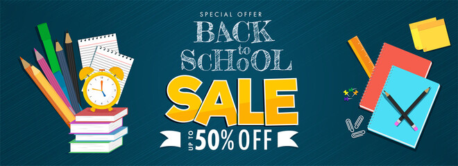 Back To School Sale Header or Banner Design with 50% Discount Offer and Education Supplies Elements on Blue Lines Background.
