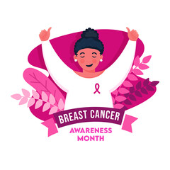 Young Girl Showing Thumbs Up with Pink Ribbon at Chest and Leaves on White Background for Breast Cancer Awareness Month.